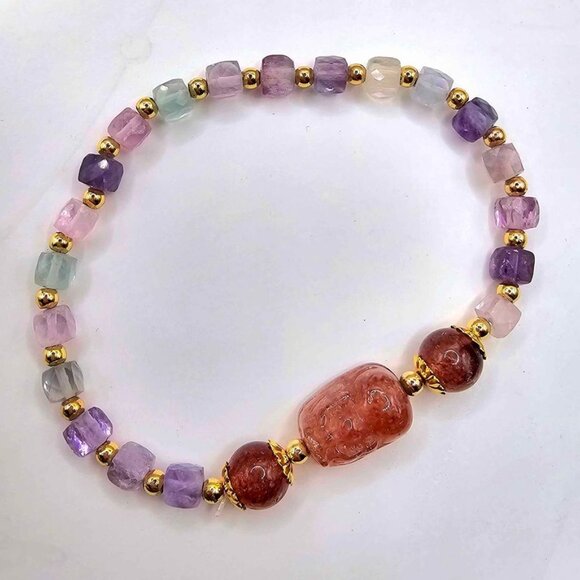 Nature Mixed Colors Fluorite Strawberry Quartz Pi Xiu Bracelet - Picture 3 of 10